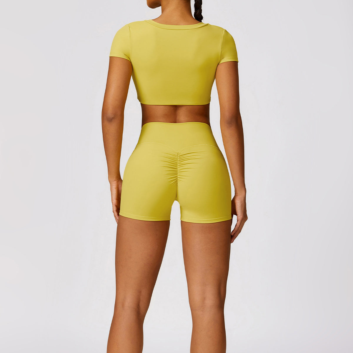 8552 Women Yoga Outfits Set Short Sleeve Crop Top and Workout Shorts