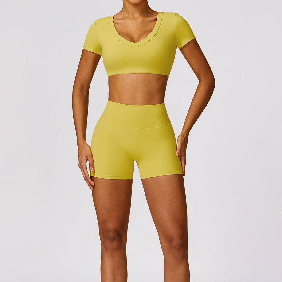 8552 Women Yoga Outfits Set Short Sleeve Crop Top and Workout Shorts