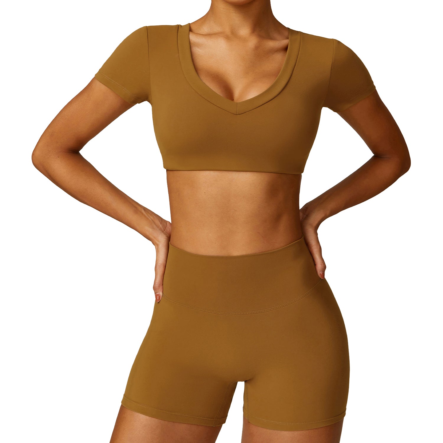 8552 Women Yoga Outfits Set Short Sleeve Crop Top and Workout Shorts