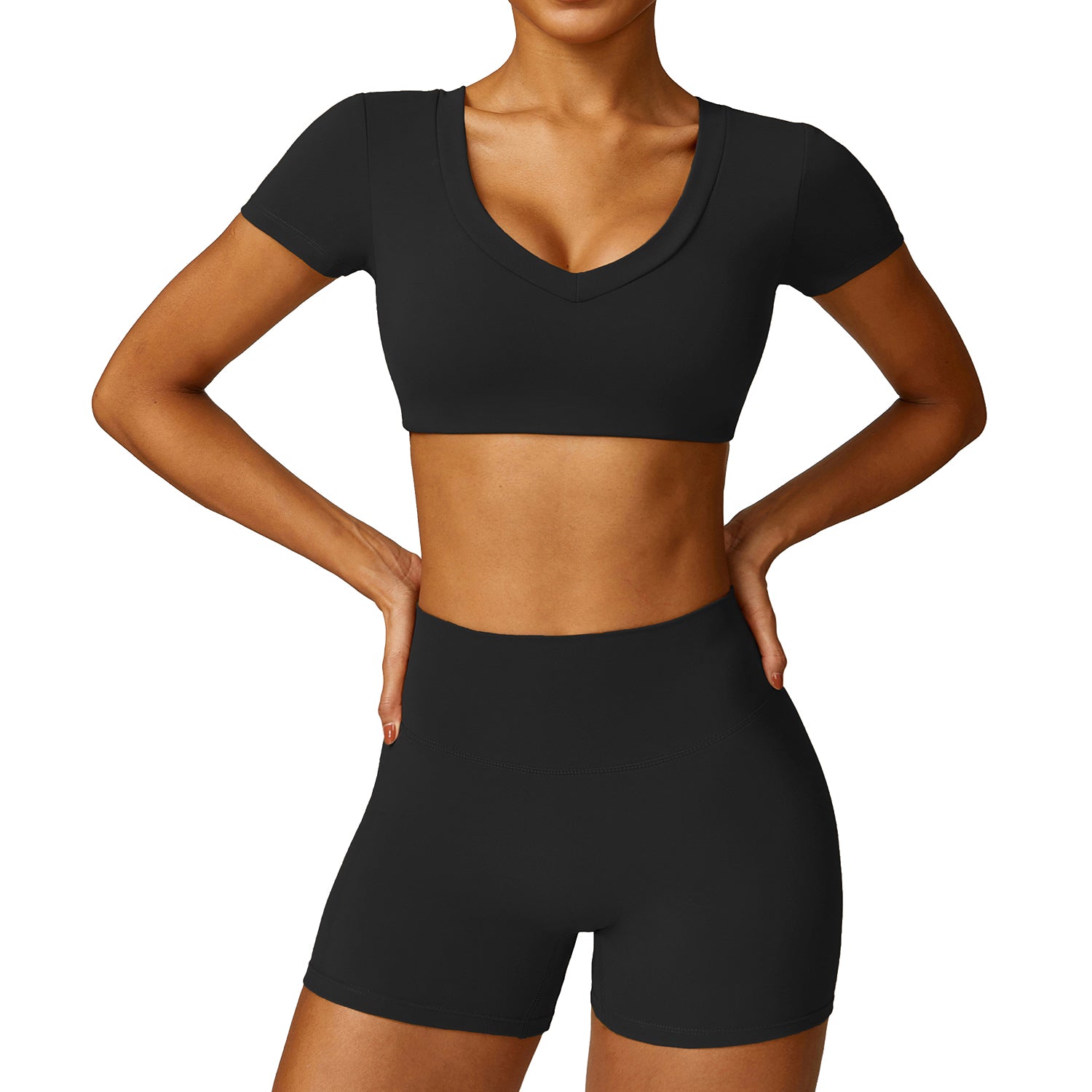 8552 Women Yoga Outfits Set Short Sleeve Crop Top and Workout Shorts
