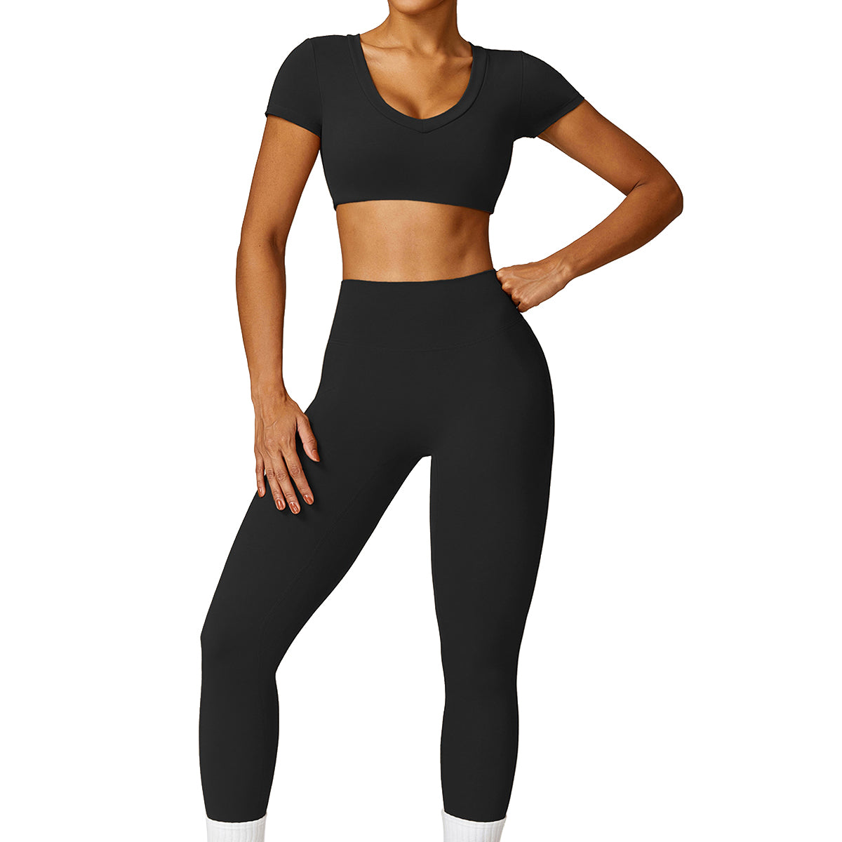 8552 Women Fitness Activewear Set Short Sleeve Crop Top and Leggings