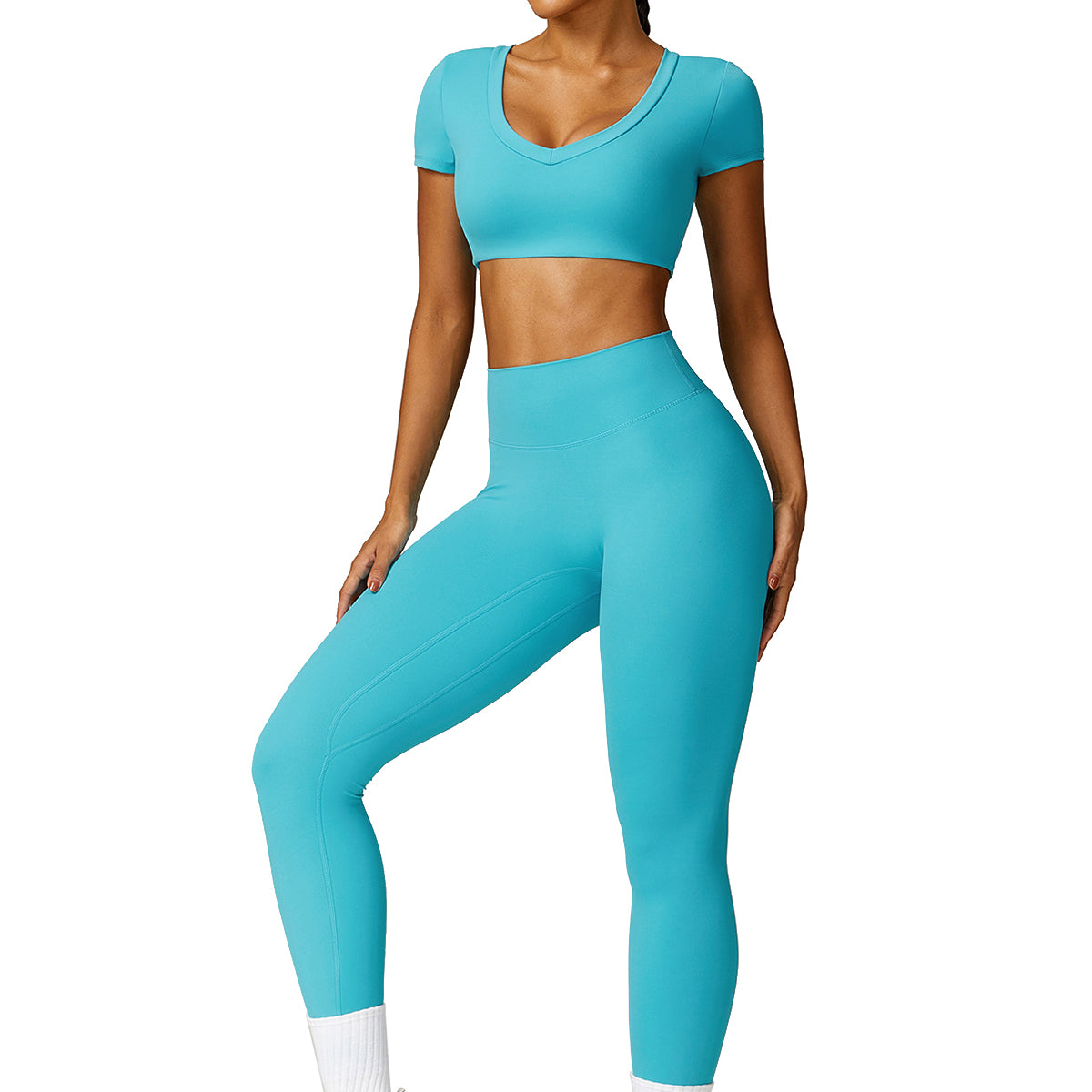 8552 Women Fitness Activewear Set Short Sleeve Crop Top and Leggings