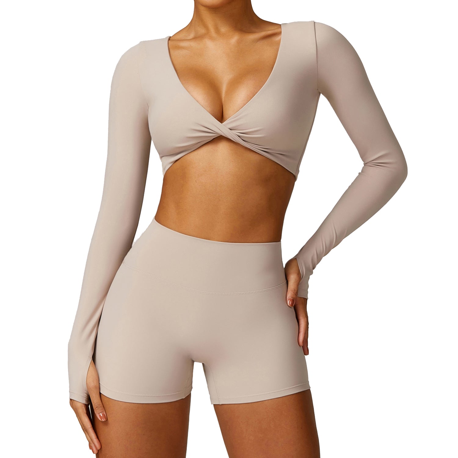 8552 Women Yoga Seamless Long Sleeve Crop Top and Shorts Pants