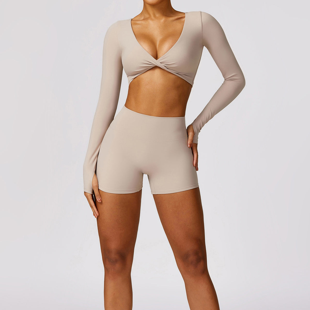 8552 Women Yoga Seamless Long Sleeve Crop Top and Shorts Pants