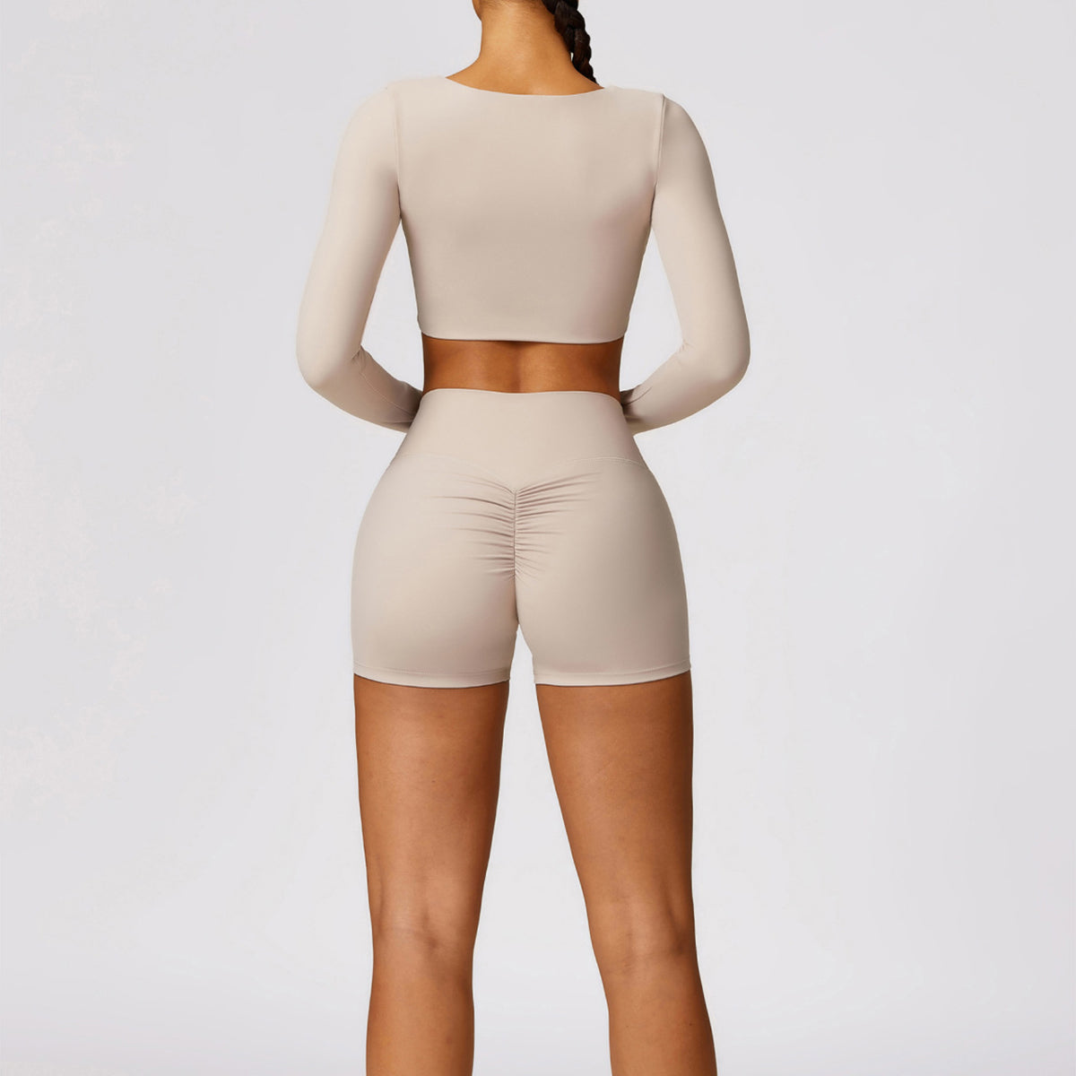 8552 Women Yoga Seamless Long Sleeve Crop Top and Shorts Pants