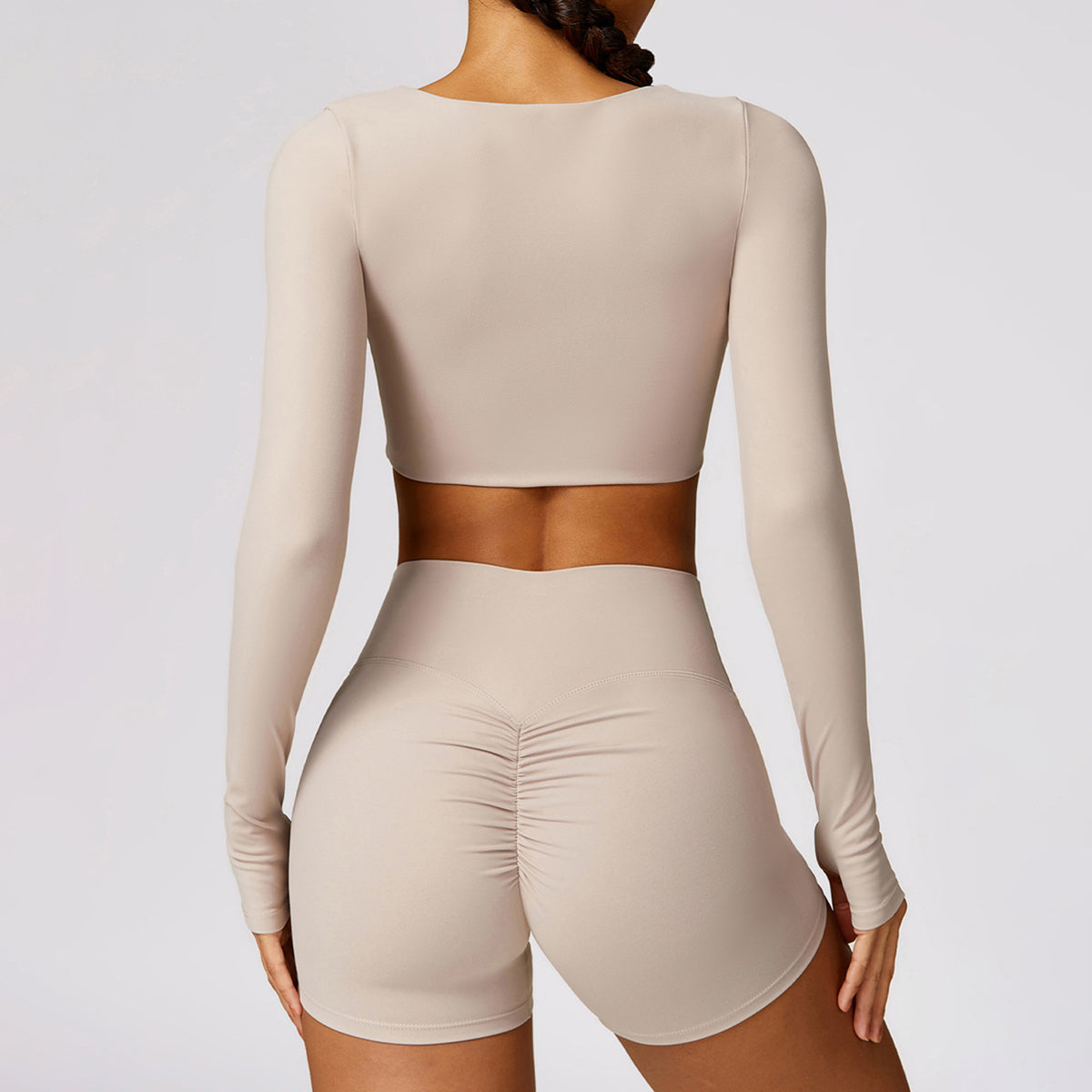 8552 Women Yoga Seamless Long Sleeve Crop Top and Shorts Pants