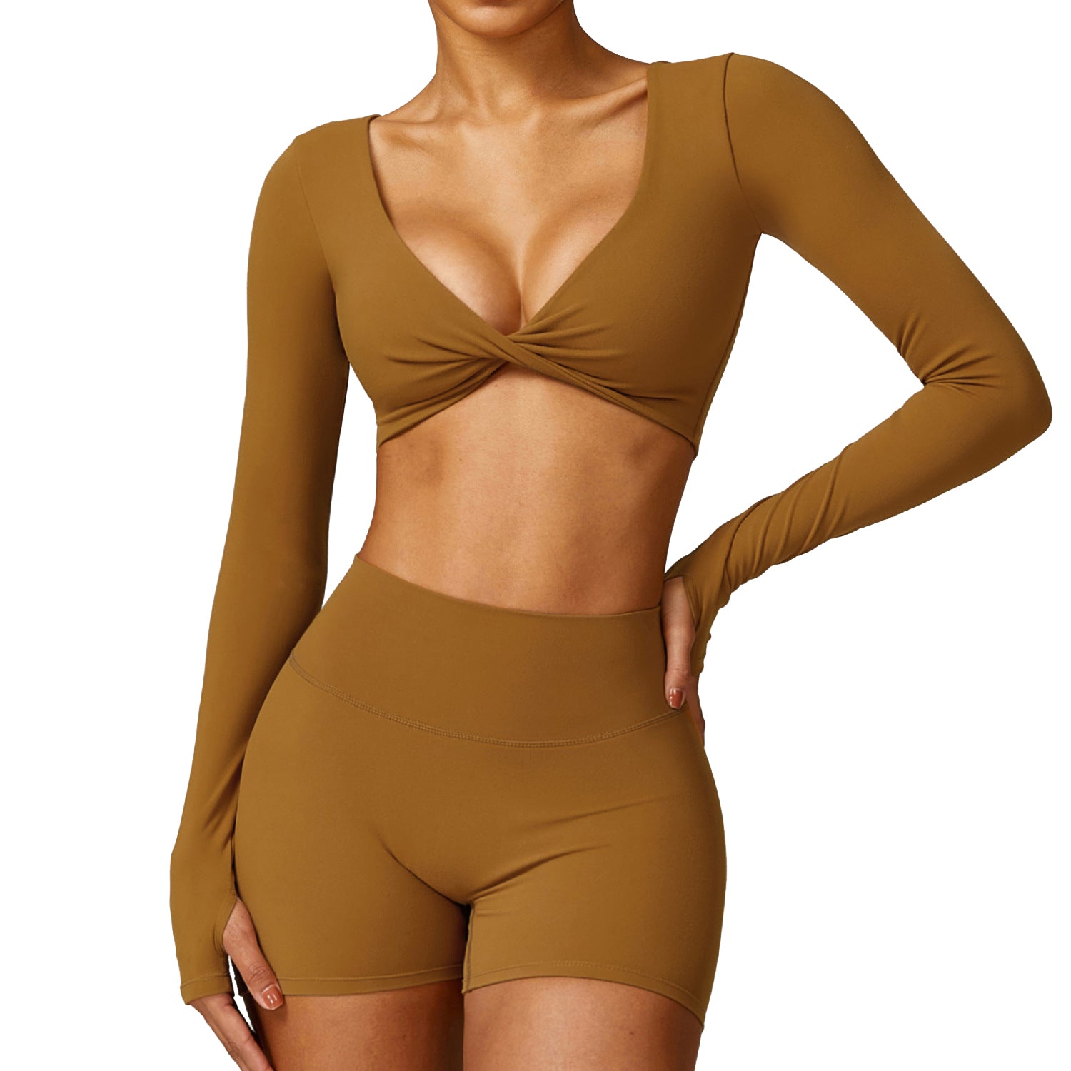 8552 Women Yoga Seamless Long Sleeve Crop Top and Shorts Pants