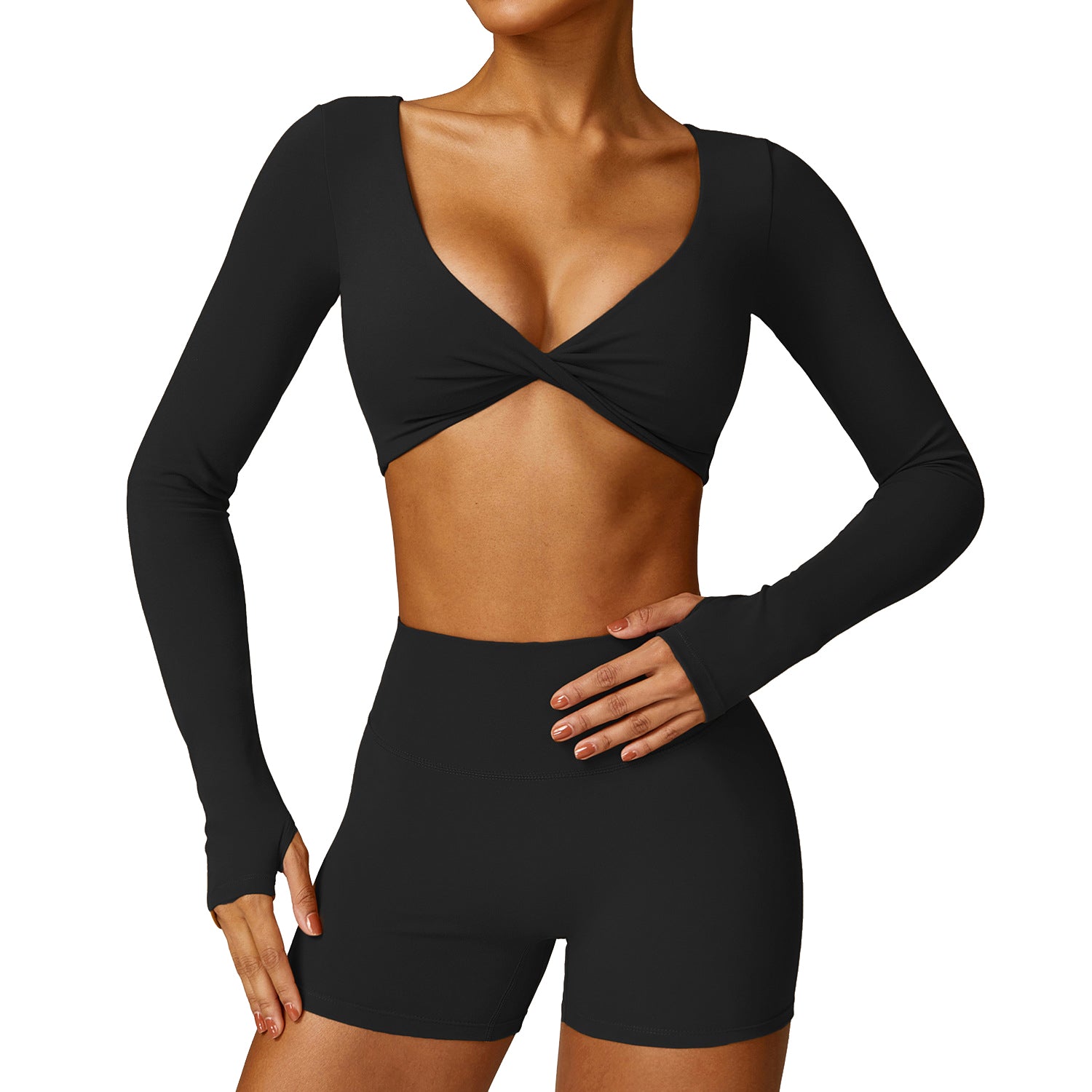 8552 Women Yoga Seamless Long Sleeve Crop Top and Shorts Pants
