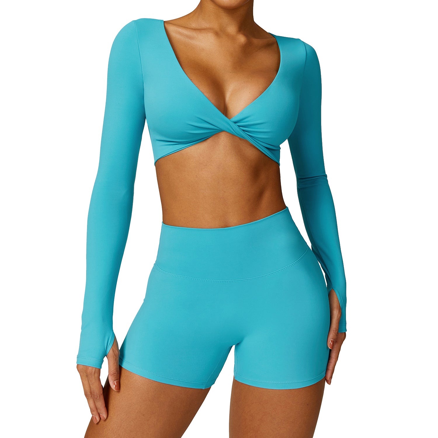8552 Women Yoga Seamless Long Sleeve Crop Top and Shorts Pants