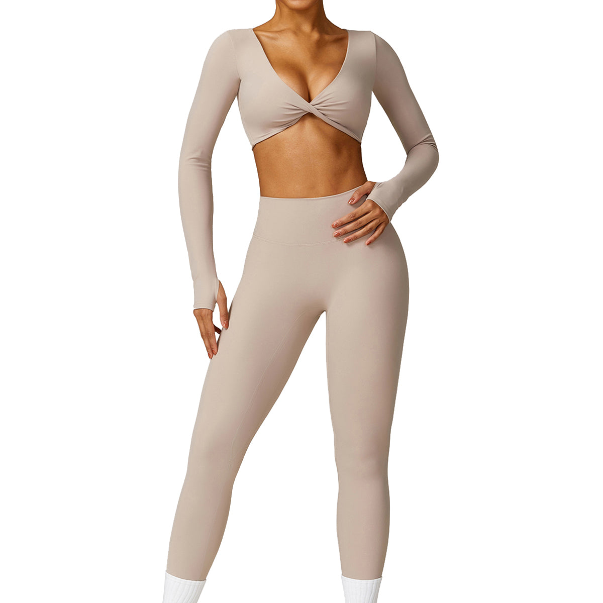 8552 Women Yoga Outfits Set Seamless Leggings and Long Sleeve Crop Top