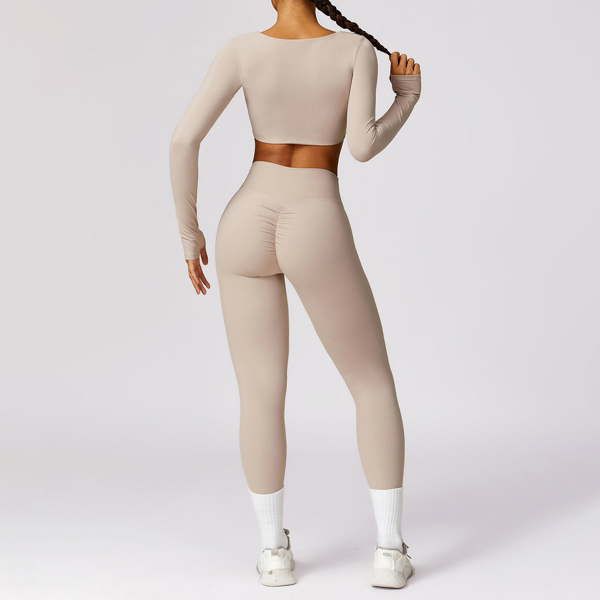 8552 Women Yoga Outfits Set Seamless Leggings and Long Sleeve Crop Top