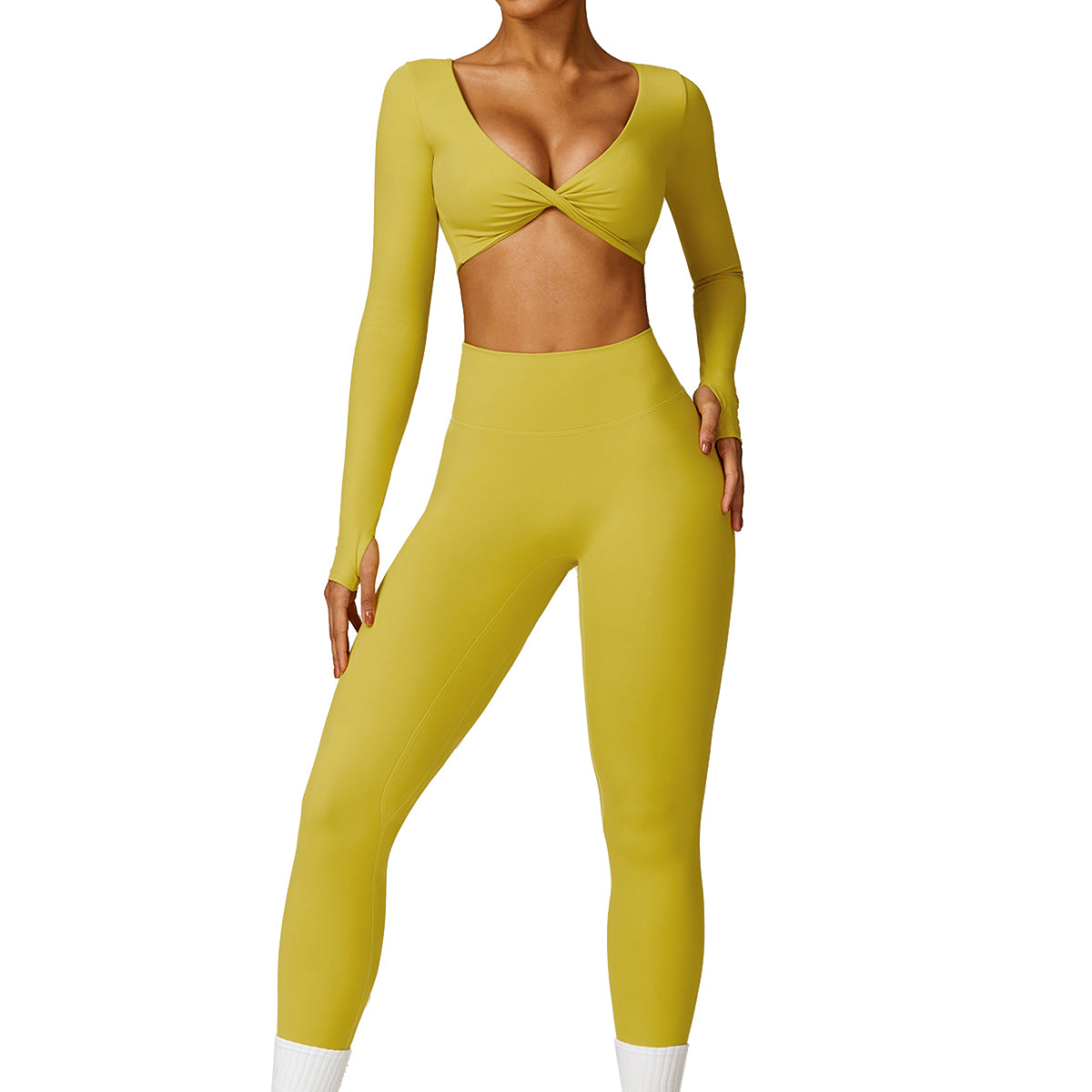 8552 Women Yoga Outfits Set Seamless Leggings and Long Sleeve Crop Top
