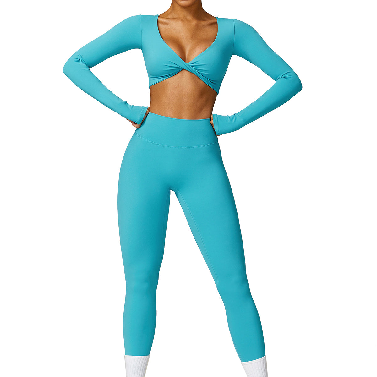 8552 Women Yoga Outfits Set Seamless Leggings and Long Sleeve Crop Top