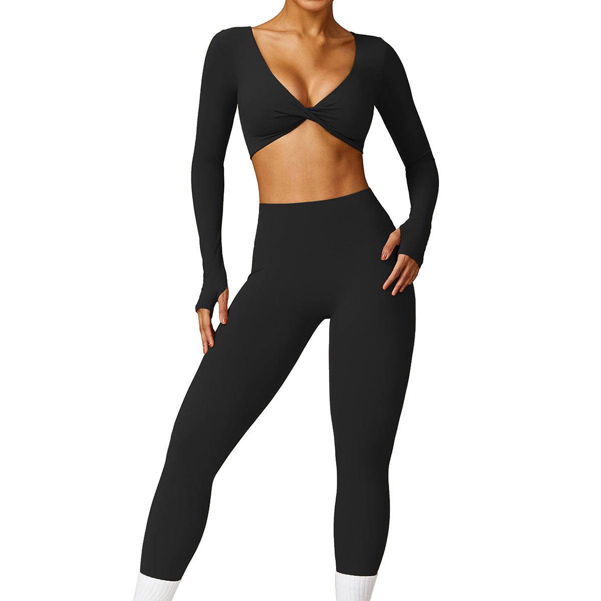 8552 Women Yoga Outfits Set Seamless Leggings and Long Sleeve Crop Top