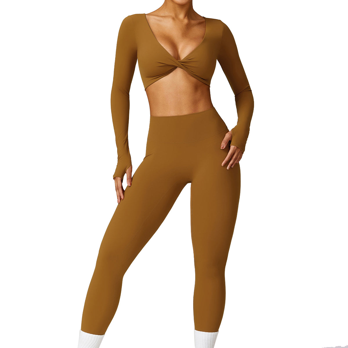 8552 Women Yoga Outfits Set Seamless Leggings and Long Sleeve Crop Top