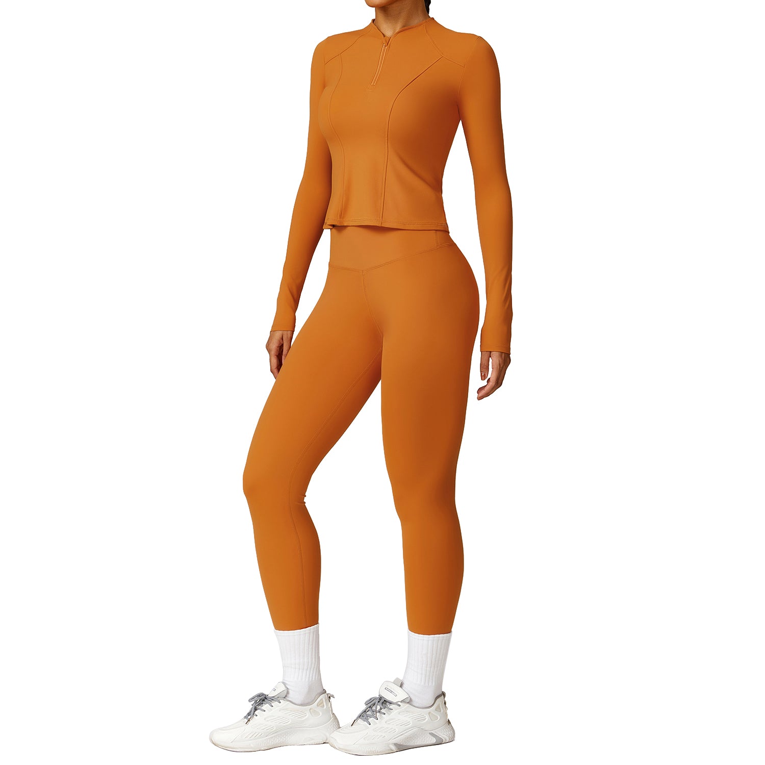8455 Women Yoga Sports Suit Zipper Design Long Sleeve T-shirt Fitness Top and Pants