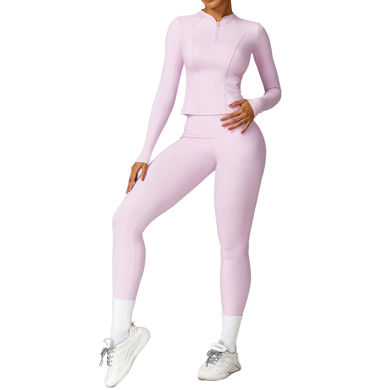 8455 Women Yoga Sports Suit Zipper Design Long Sleeve T-shirt Fitness Top and Pants