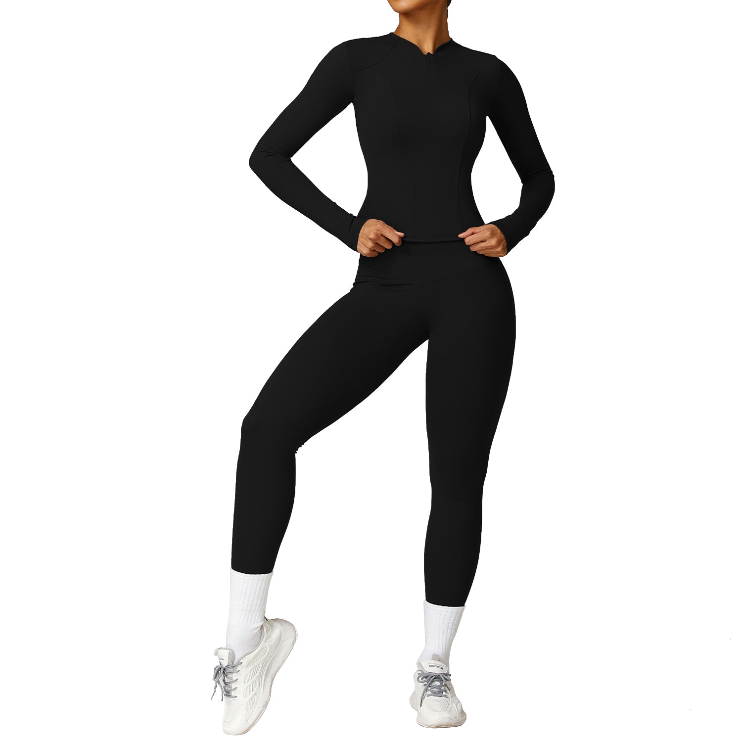 8455 Women Yoga Sports Suit Zipper Design Long Sleeve T-shirt Fitness Top and Pants