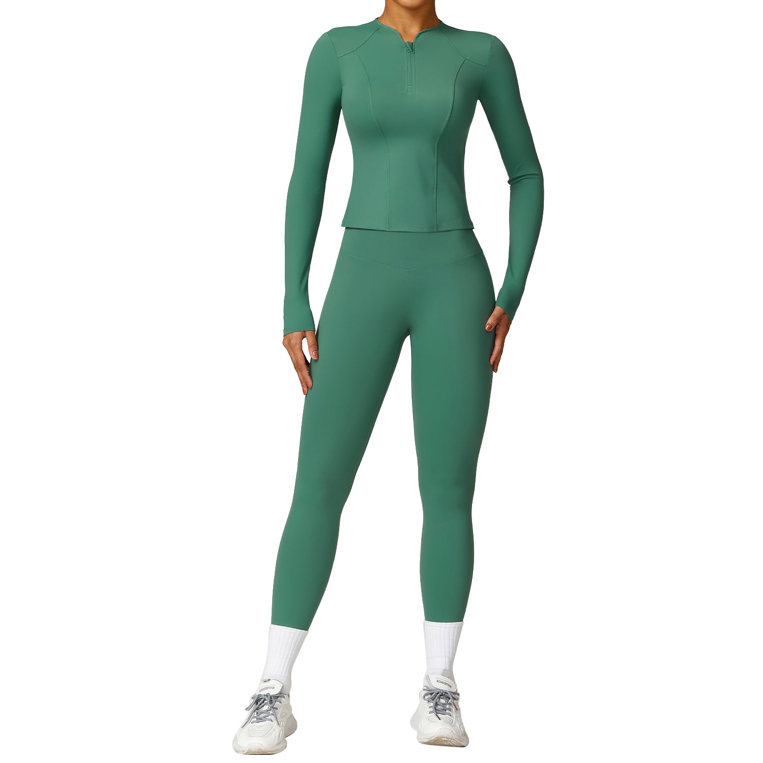 8455 Women Yoga Sports Suit Zipper Design Long Sleeve T-shirt Fitness Top and Pants