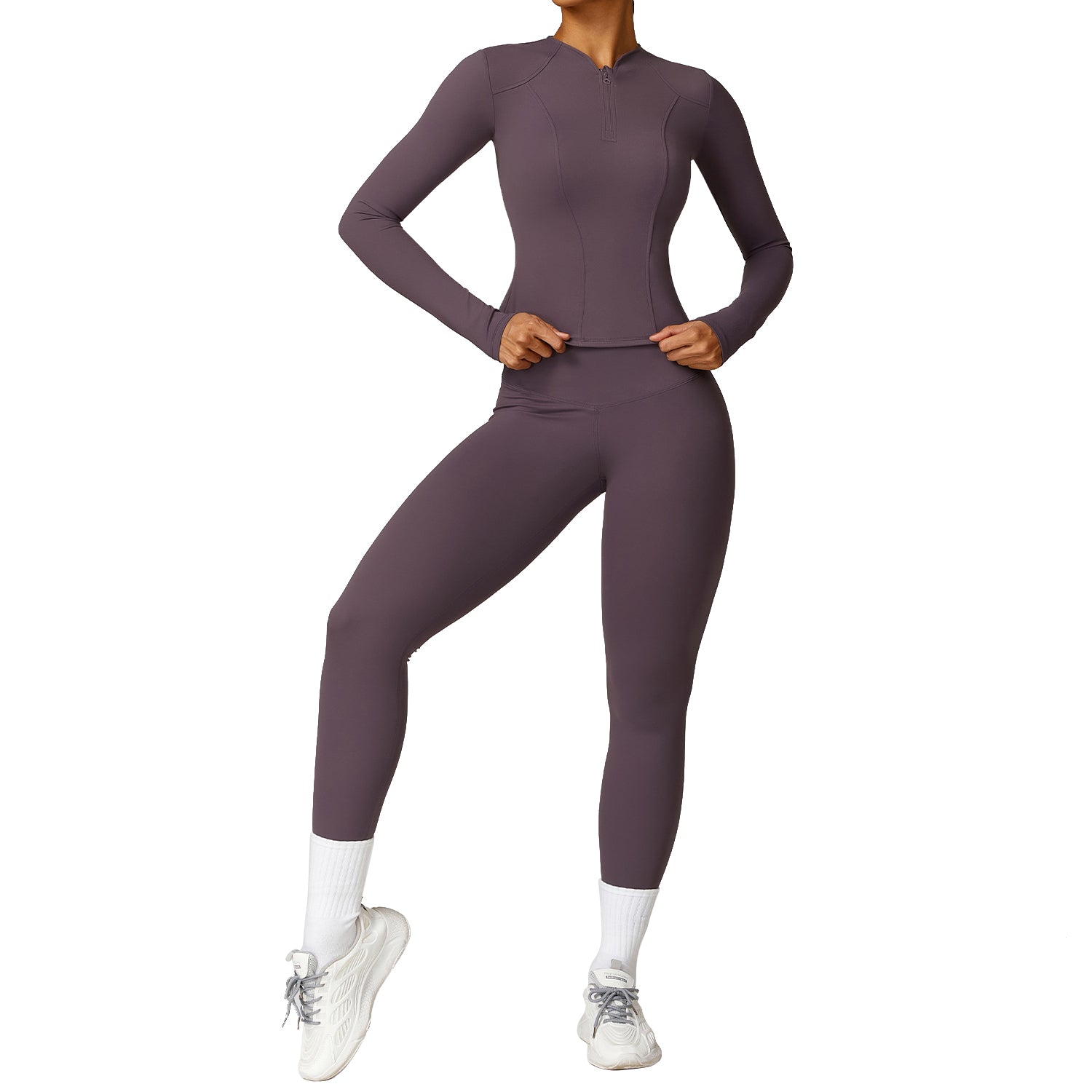 8455 Women Yoga Sports Suit Zipper Design Long Sleeve T-shirt Fitness Top and Pants