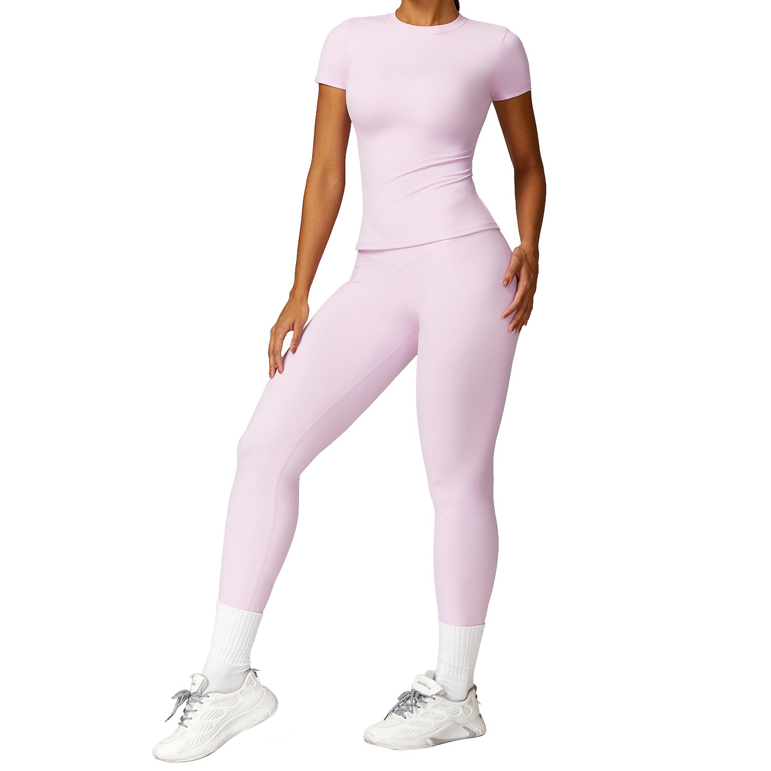 8455 Women Sports Suit Slim Fit Short Sleeve T-shirt Yoga Fitness Top and Pants