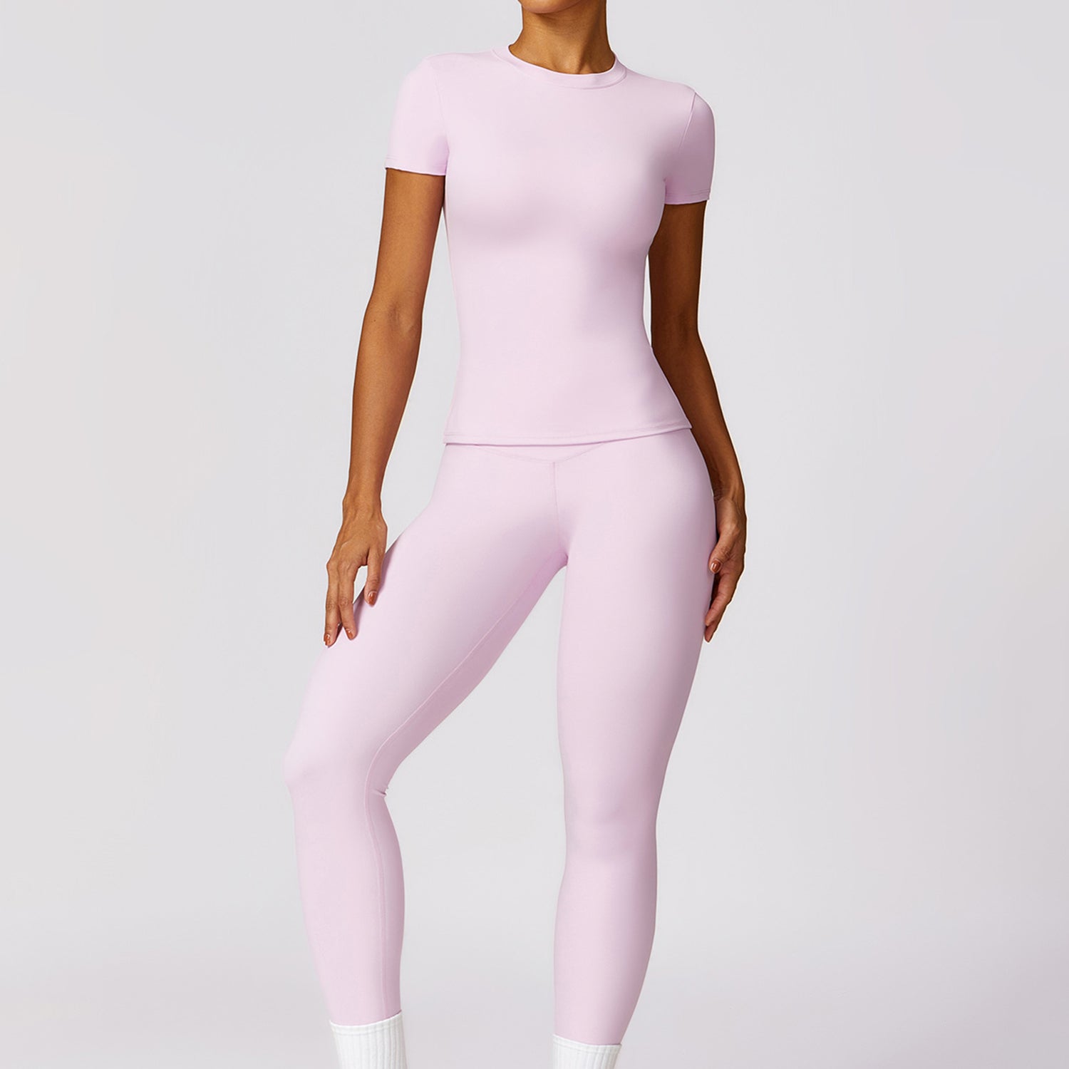 8455 Women Sports Suit Slim Fit Short Sleeve T-shirt Yoga Fitness Top and Pants