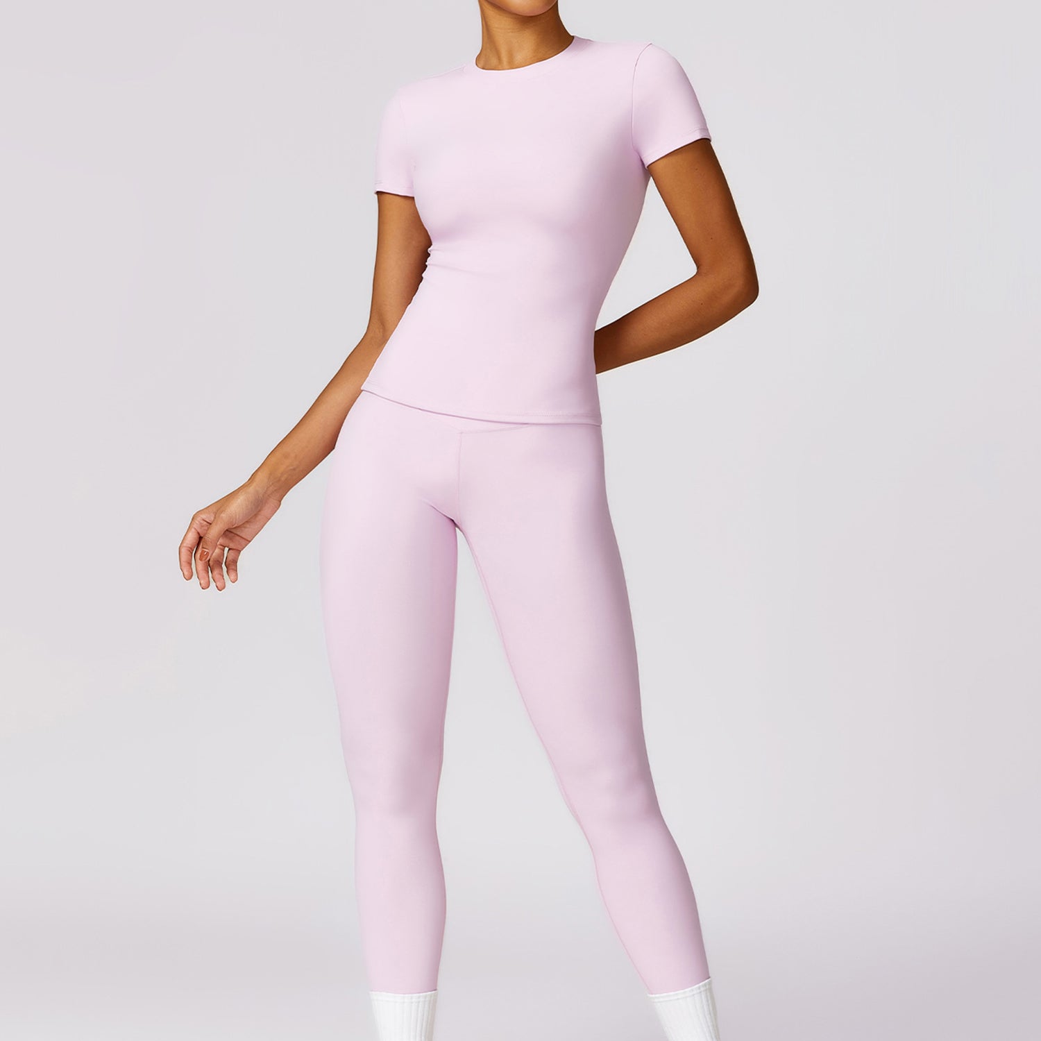 8455 Women Sports Suit Slim Fit Short Sleeve T-shirt Yoga Fitness Top and Pants
