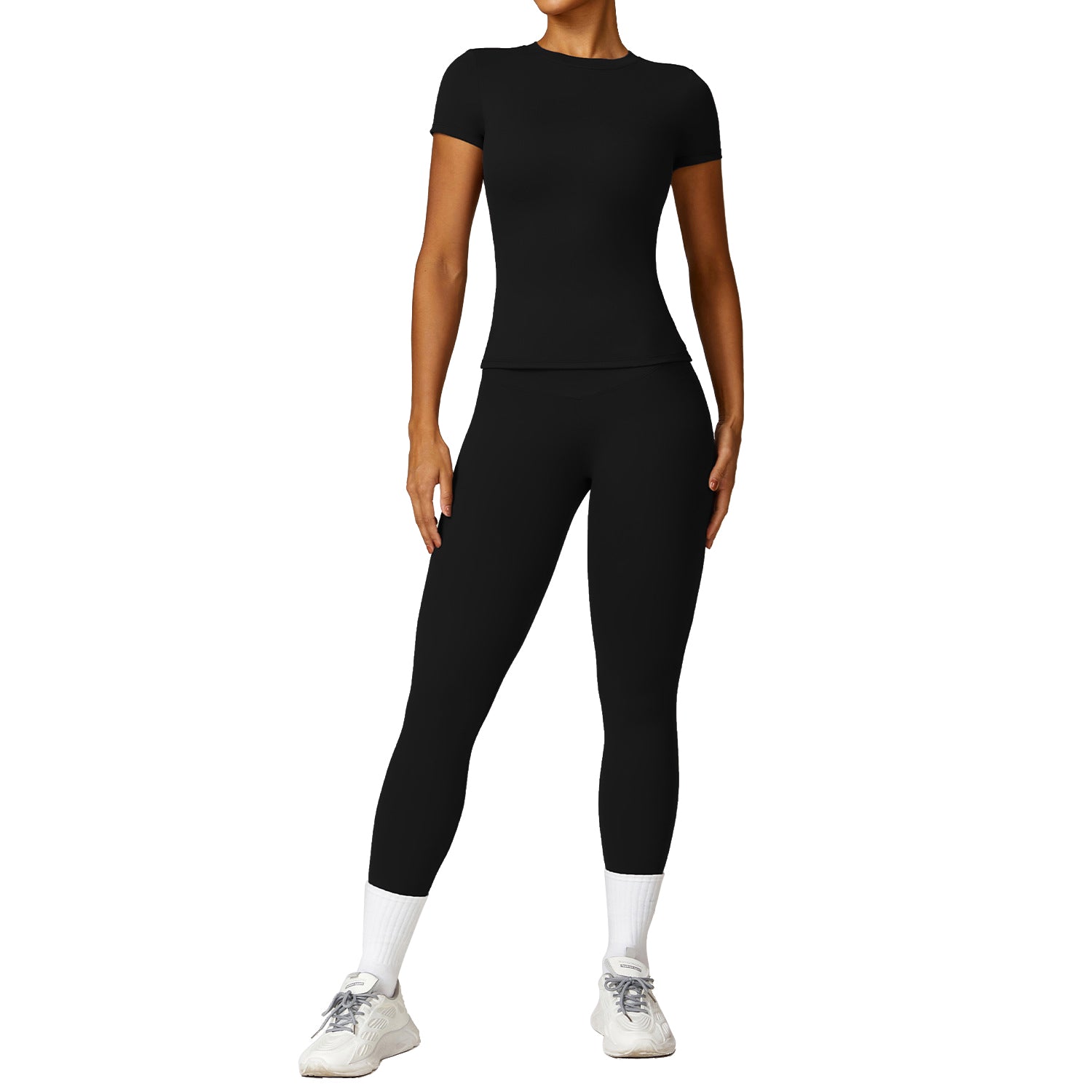 8455 Women Sports Suit Slim Fit Short Sleeve T-shirt Yoga Fitness Top and Pants