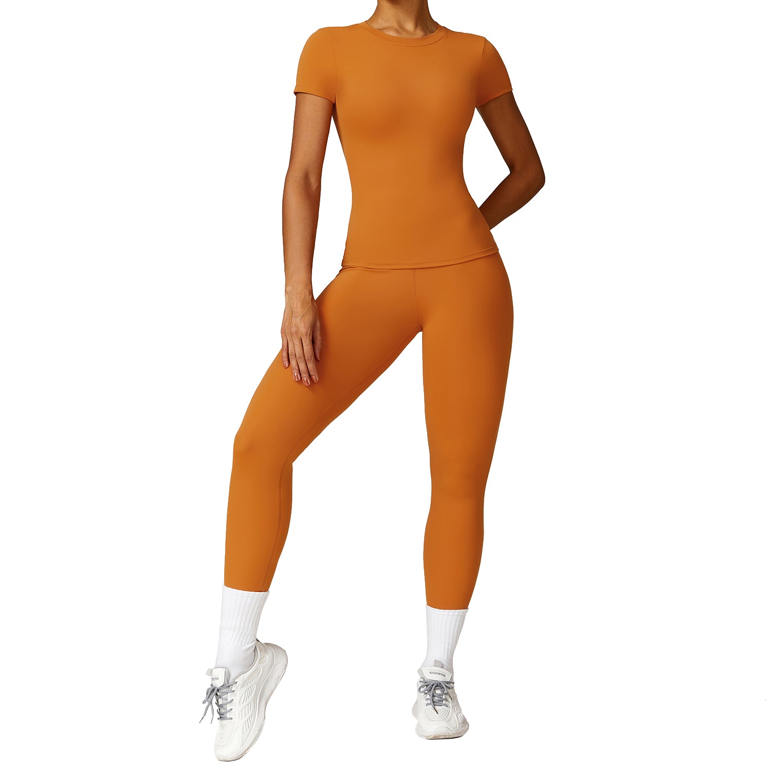 8455 Women Sports Suit Slim Fit Short Sleeve T-shirt Yoga Fitness Top and Pants