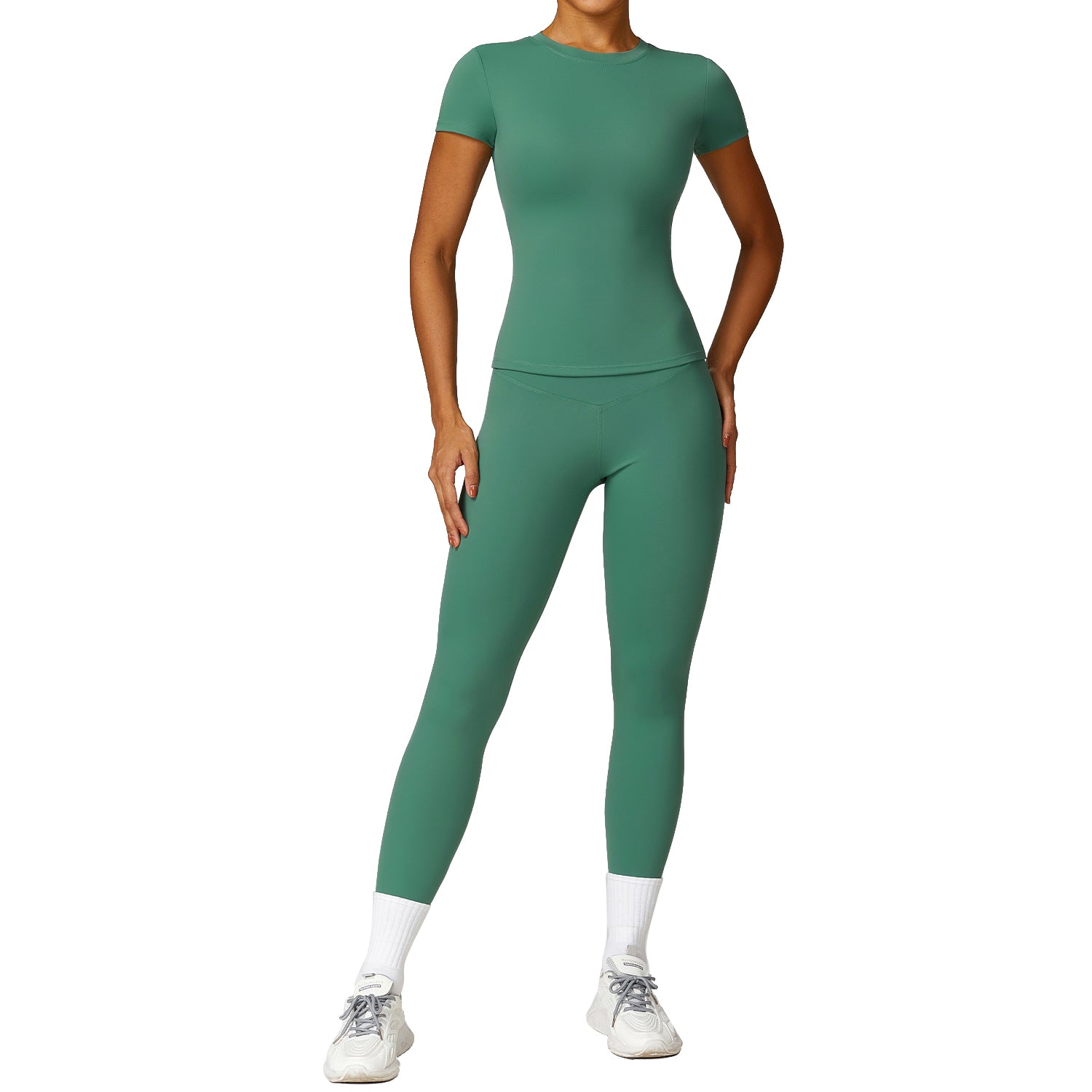 8455 Women Sports Suit Slim Fit Short Sleeve T-shirt Yoga Fitness Top and Pants