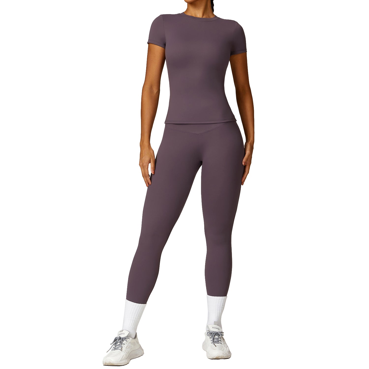 8455 Women Sports Suit Slim Fit Short Sleeve T-shirt Yoga Fitness Top and Pants