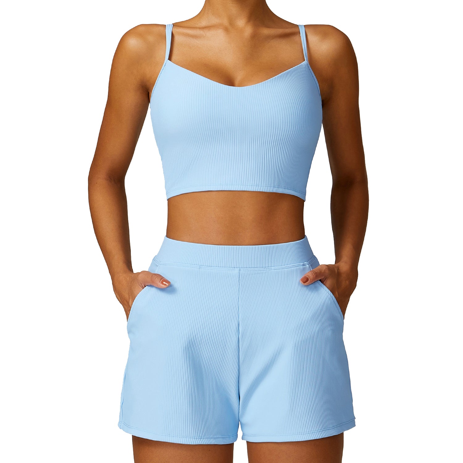 TZ8526 Solid Color Women Sports Suit Slim Fit Quick Drying Yoga Fitness Vest and Shorts