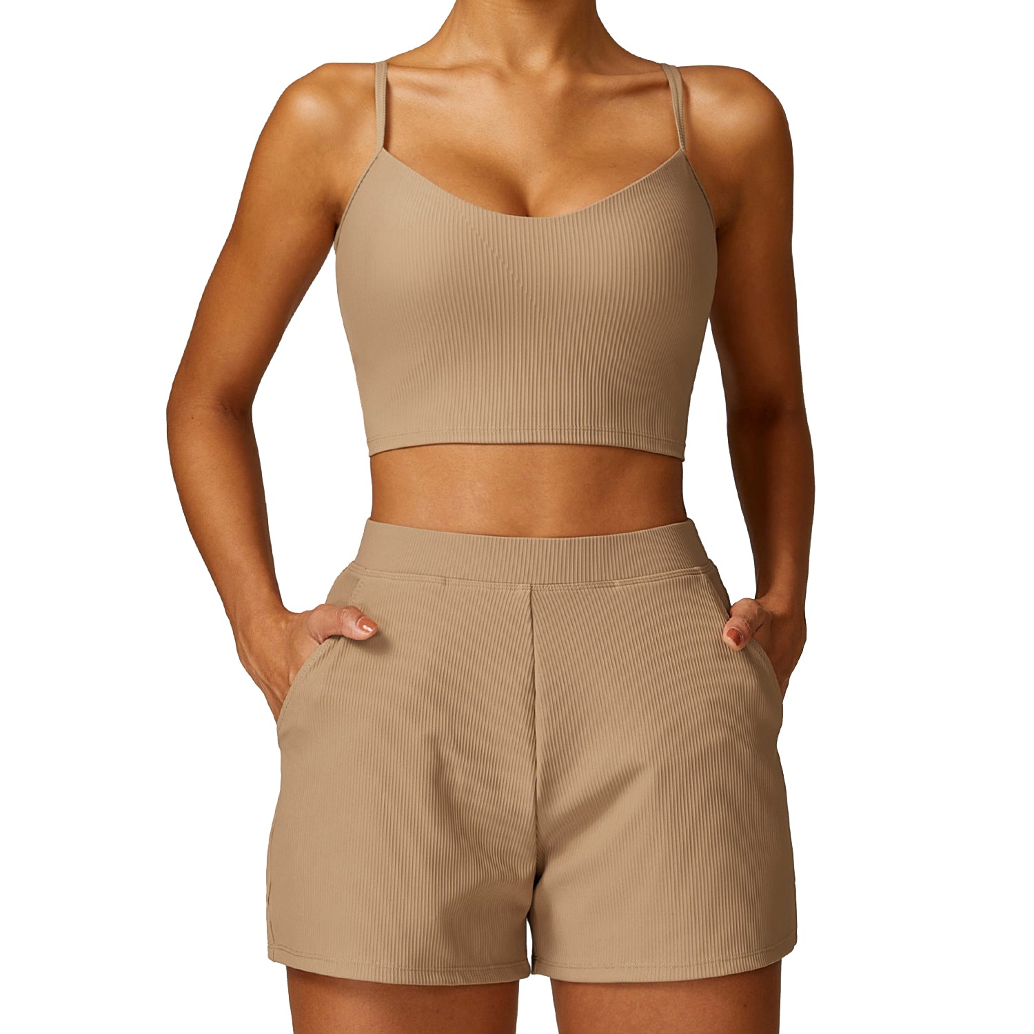 TZ8526 Solid Color Women Sports Suit Slim Fit Quick Drying Yoga Fitness Vest and Shorts