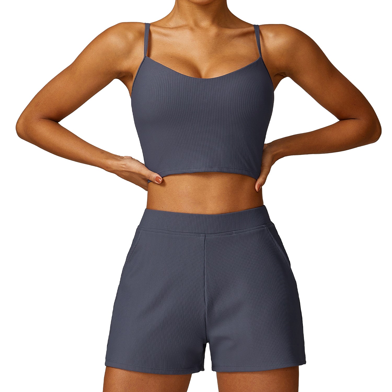 TZ8526 Solid Color Women Sports Suit Slim Fit Quick Drying Yoga Fitness Vest and Shorts