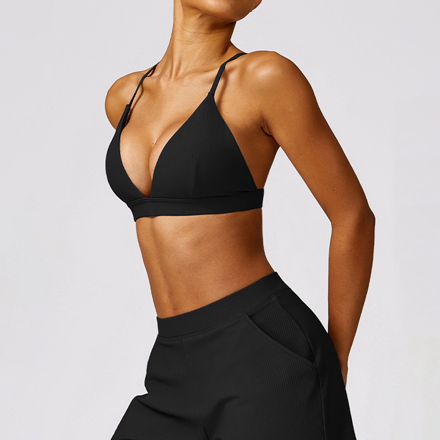 TZ8526 2Pcs / Set Women Sports Bra Ribbed Backless Padded Yoga Bra and Shorts