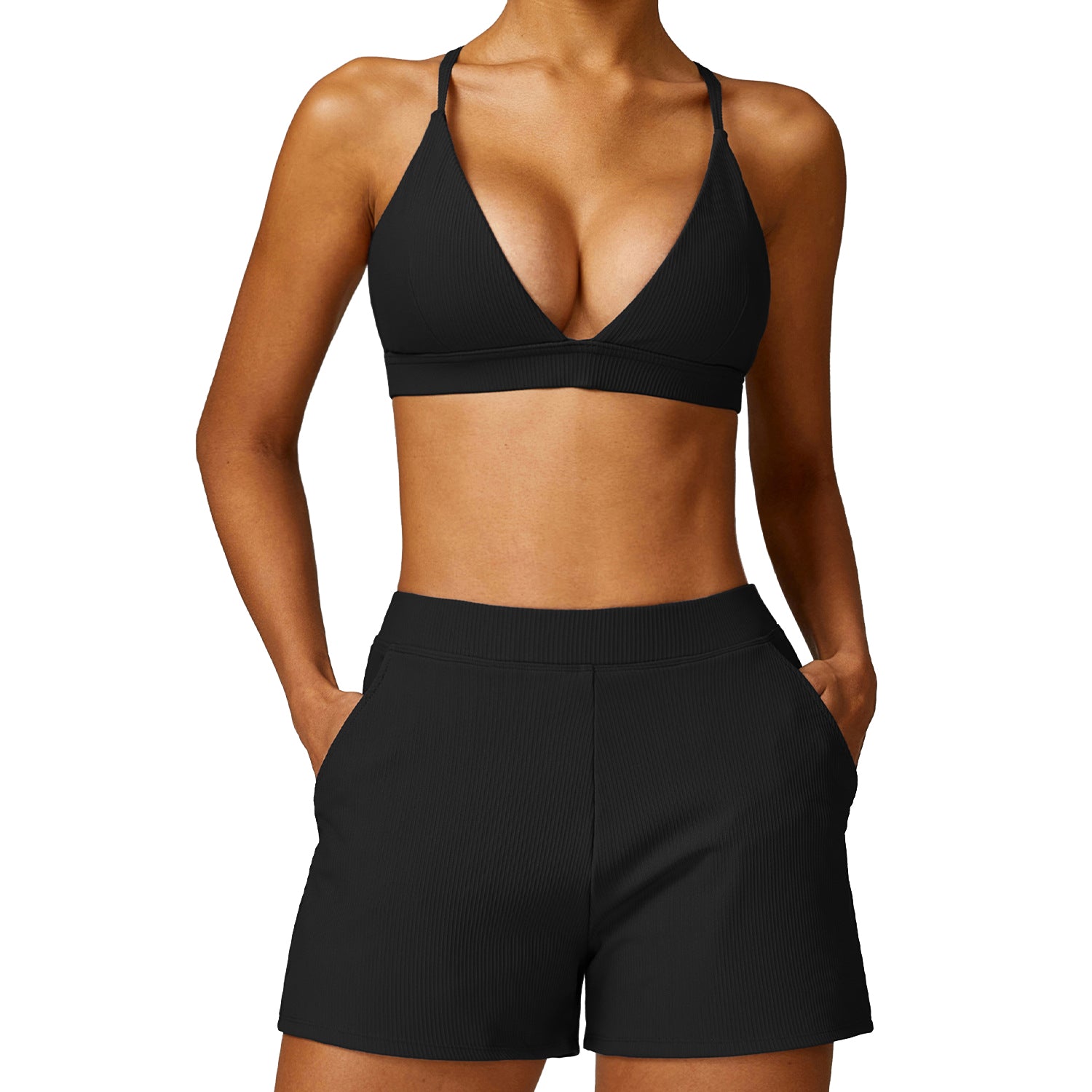 TZ8526 2Pcs / Set Women Sports Bra Ribbed Backless Padded Yoga Bra and Shorts