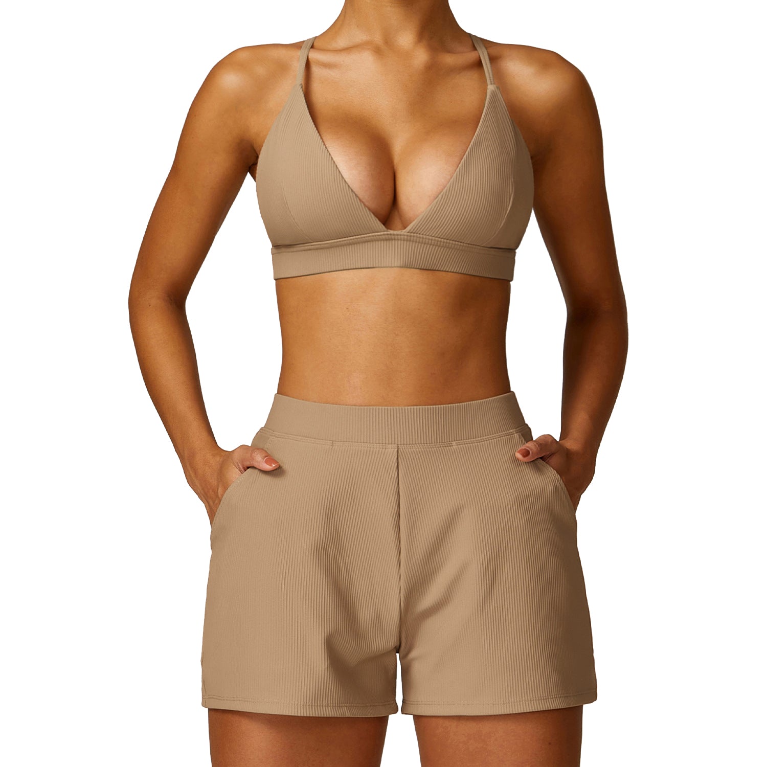 TZ8526 2Pcs / Set Women Sports Bra Ribbed Backless Padded Yoga Bra and Shorts