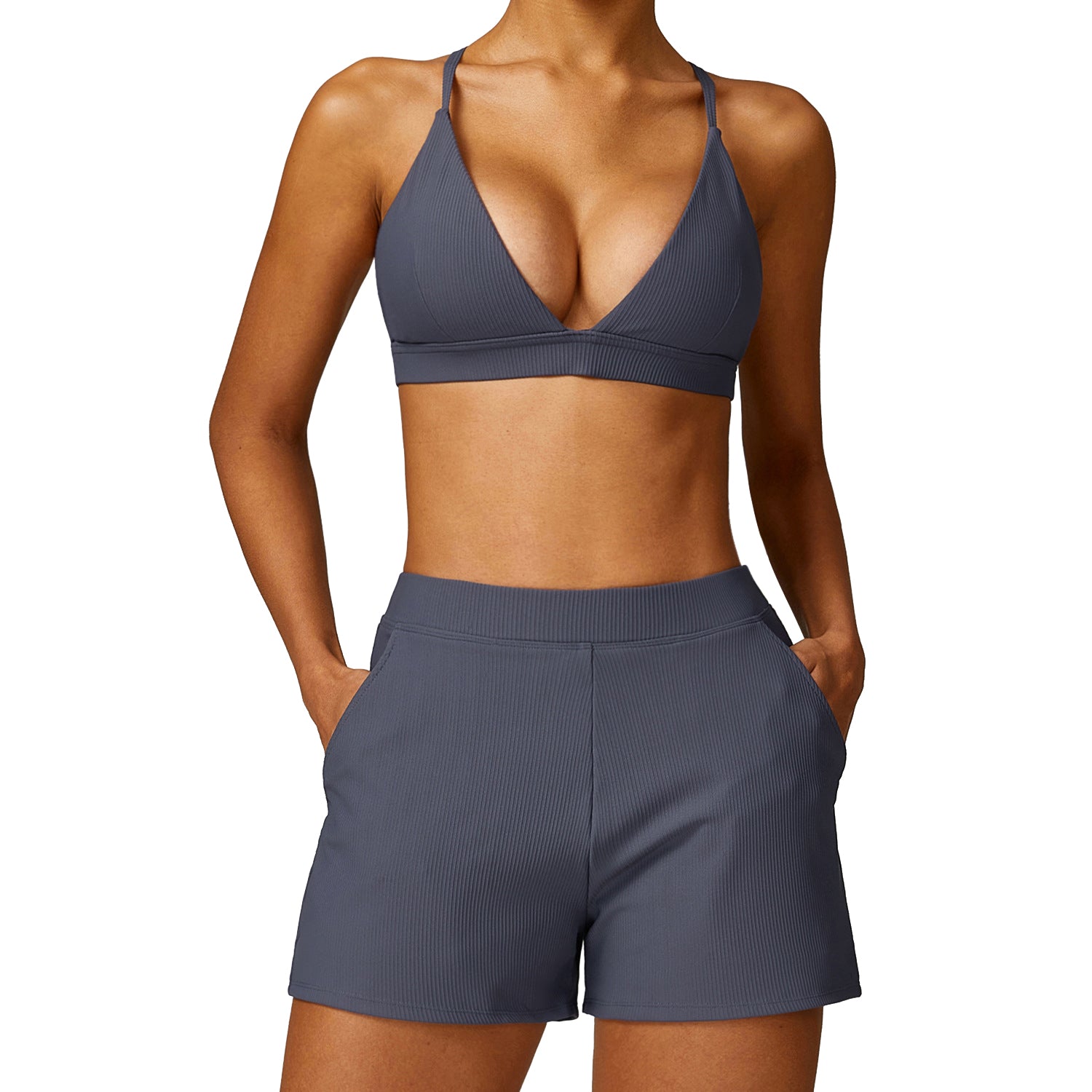 TZ8526 2Pcs / Set Women Sports Bra Ribbed Backless Padded Yoga Bra and Shorts