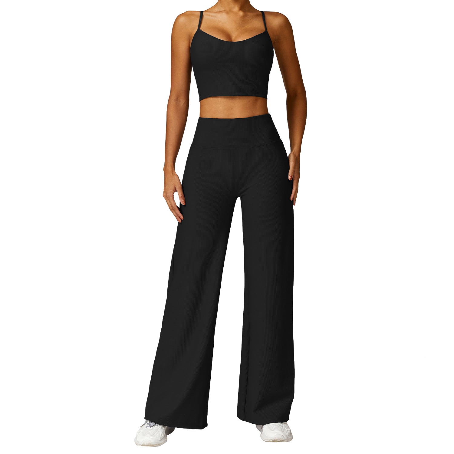TZ8526 2Pcs / Set Ribbed Women Sports Vest Backless Yoga Crop Top and Wide Leg Pants