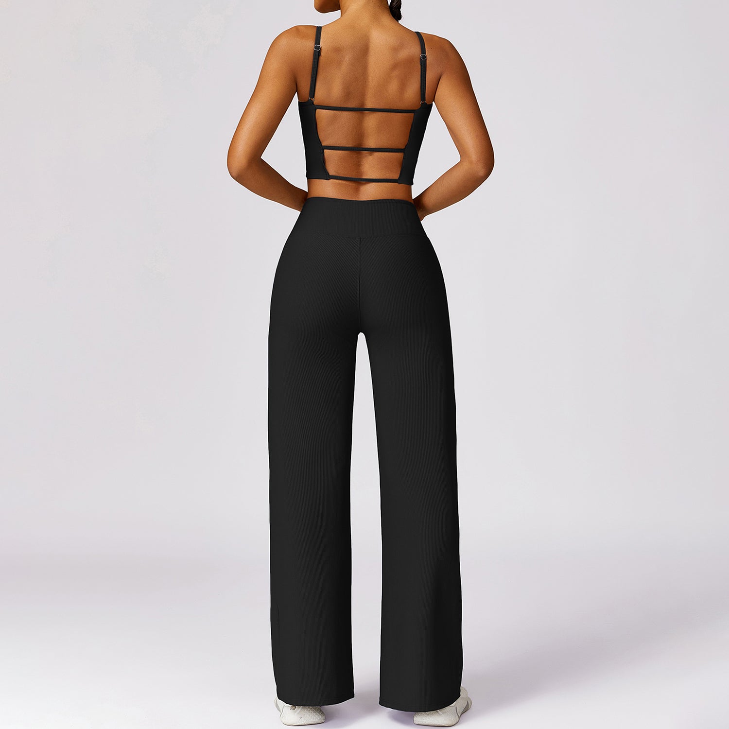 TZ8526 2Pcs / Set Ribbed Women Sports Vest Backless Yoga Crop Top and Wide Leg Pants