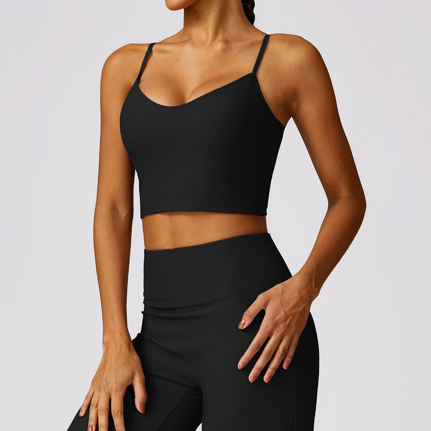 TZ8526 2Pcs / Set Ribbed Women Sports Vest Backless Yoga Crop Top and Wide Leg Pants