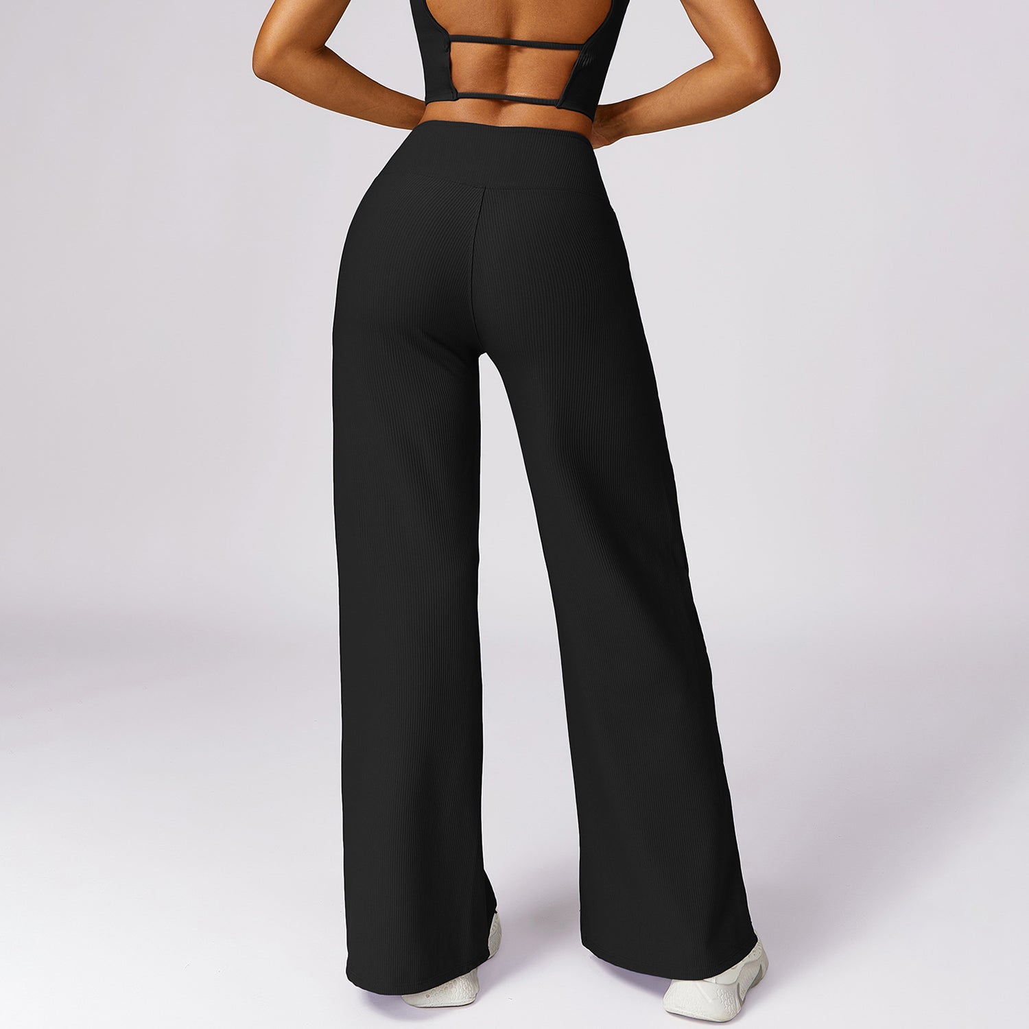 TZ8526 2Pcs / Set Ribbed Women Sports Vest Backless Yoga Crop Top and Wide Leg Pants