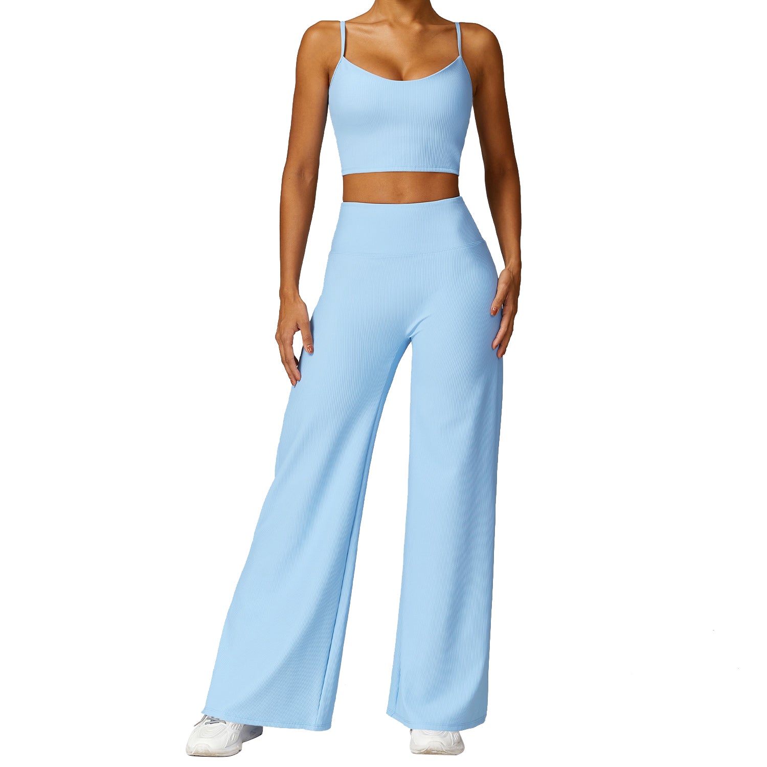 TZ8526 2Pcs / Set Ribbed Women Sports Vest Backless Yoga Crop Top and Wide Leg Pants
