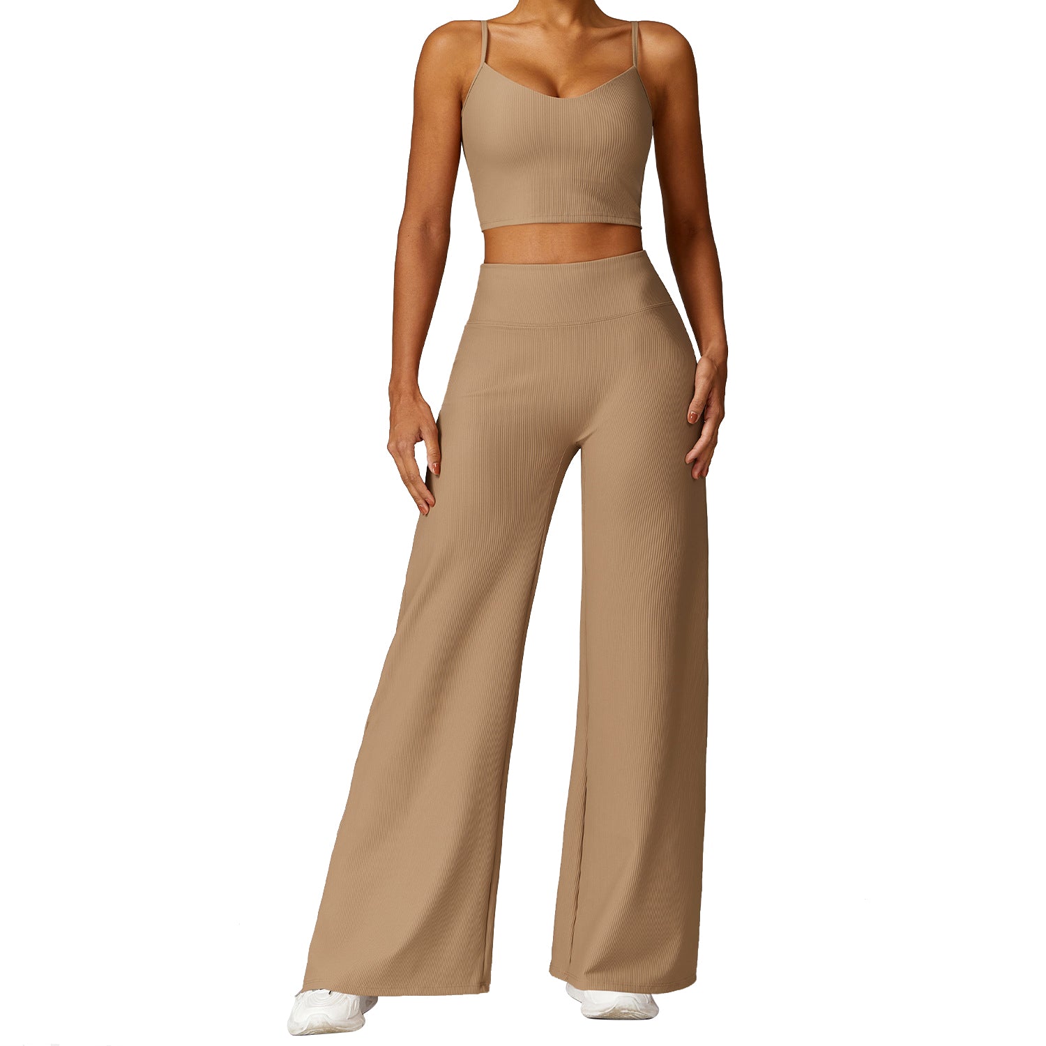 TZ8526 2Pcs / Set Ribbed Women Sports Vest Backless Yoga Crop Top and Wide Leg Pants