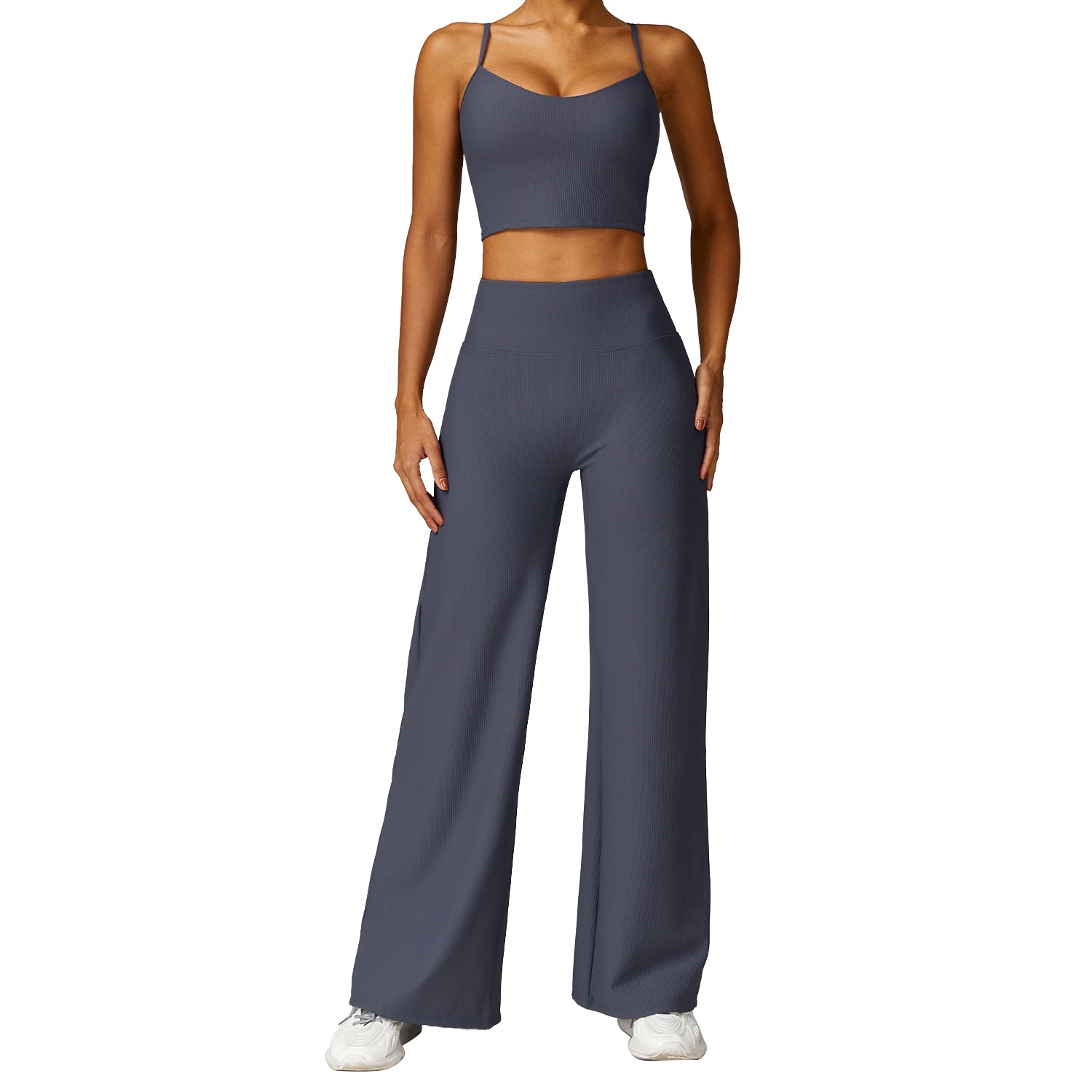 TZ8526 2Pcs / Set Ribbed Women Sports Vest Backless Yoga Crop Top and Wide Leg Pants
