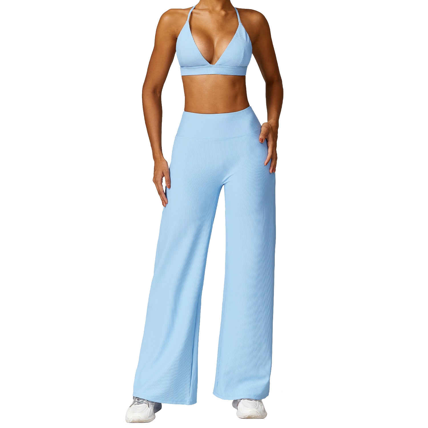 TZ8526 2Pcs / Set Sexy Women Ribbed Backless Padded Yoga Bra and Wide Leg Pants