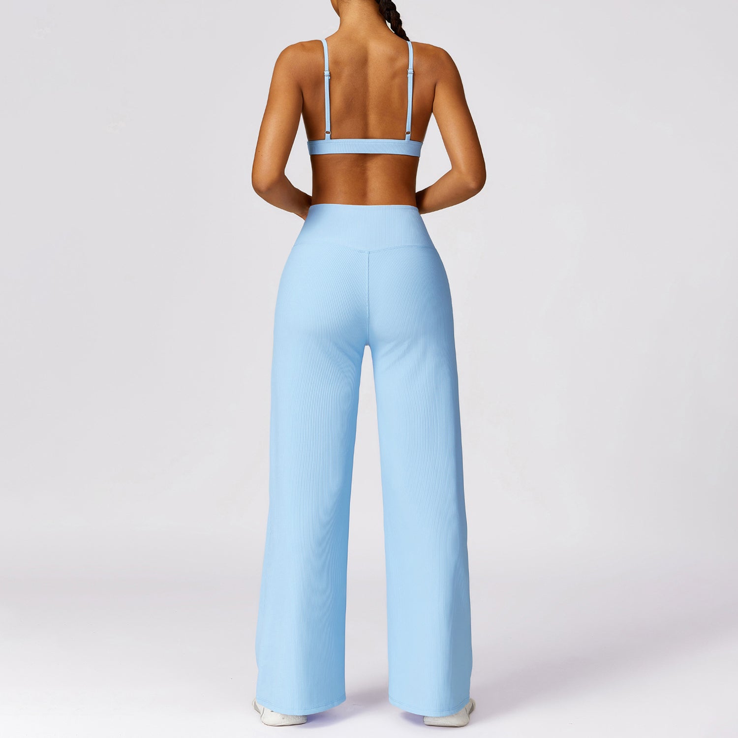 TZ8526 2Pcs / Set Sexy Women Ribbed Backless Padded Yoga Bra and Wide Leg Pants