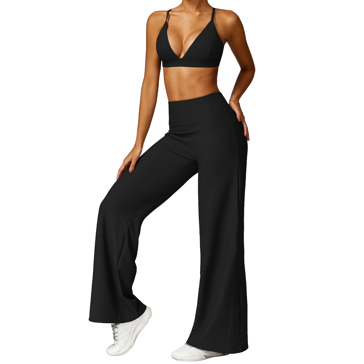 TZ8526 2Pcs / Set Sexy Women Ribbed Backless Padded Yoga Bra and Wide Leg Pants