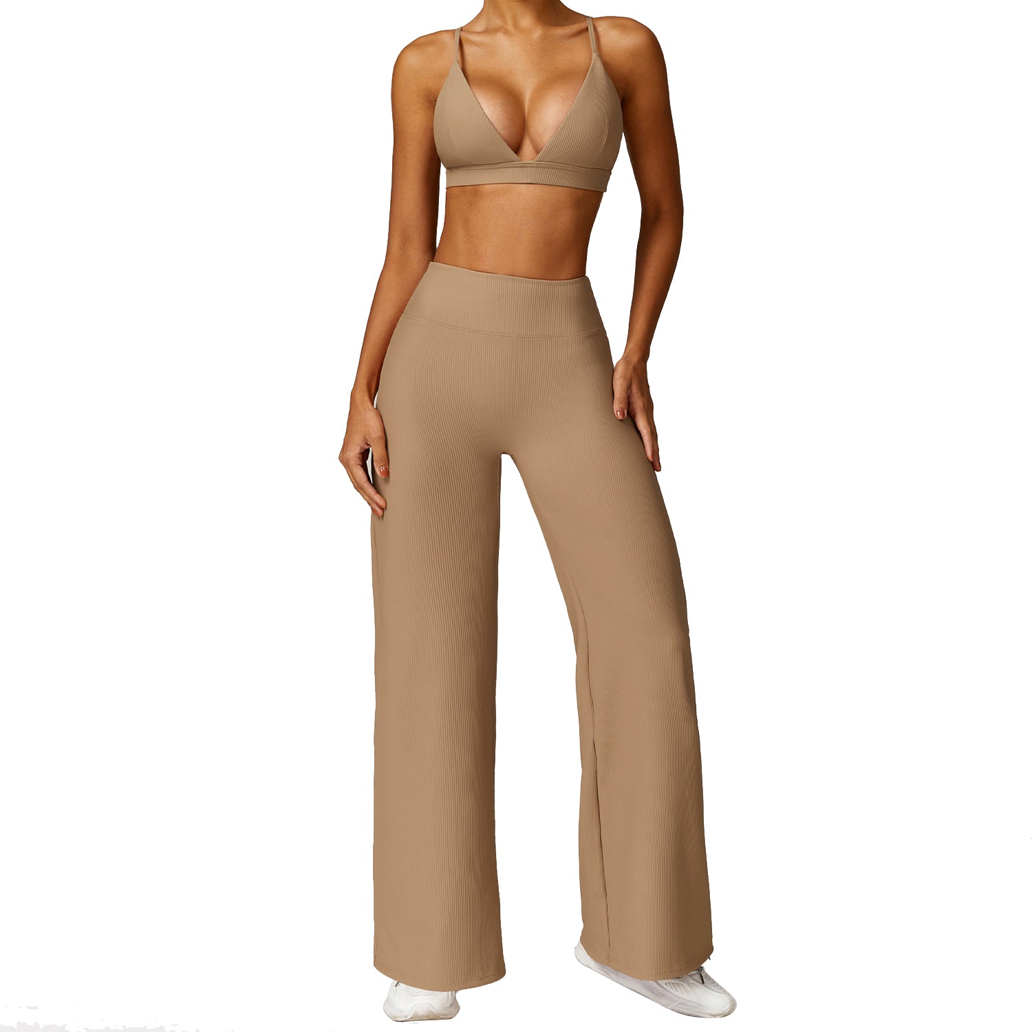 TZ8526 2Pcs / Set Sexy Women Ribbed Backless Padded Yoga Bra and Wide Leg Pants