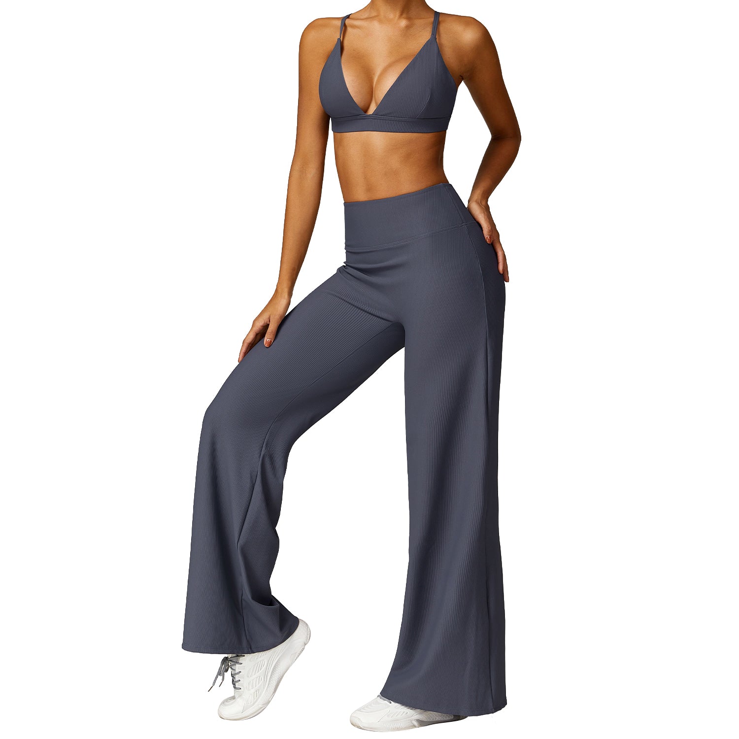 TZ8526 2Pcs / Set Sexy Women Ribbed Backless Padded Yoga Bra and Wide Leg Pants